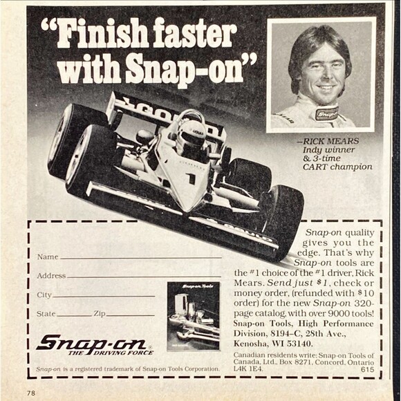 Snap-on Tools "Are the #1 Choice of the #1 Driver Rick Mears" Vtg Print Ad '83 - Picture 1 of 3